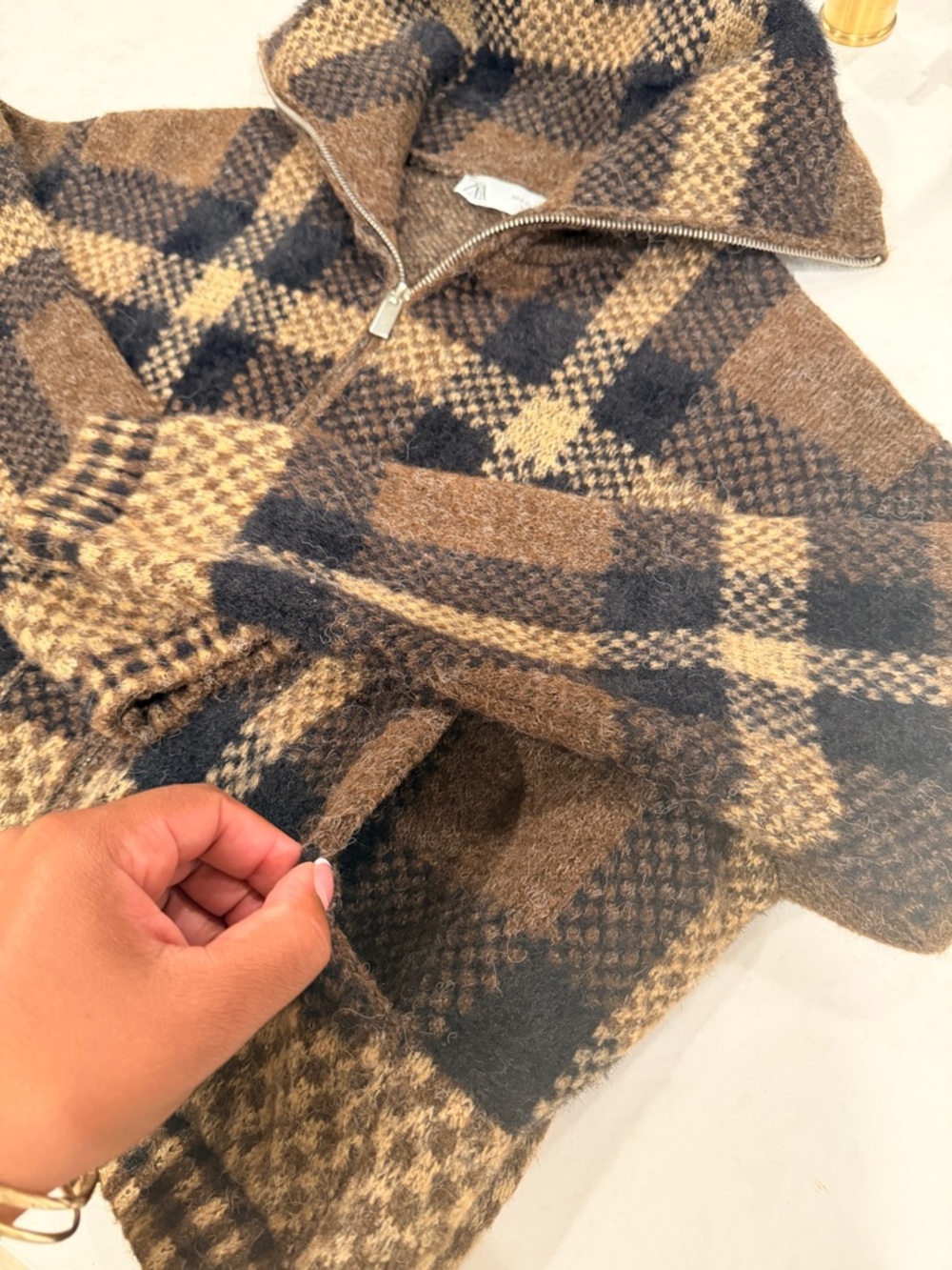 Zara Brown Plaid Knit Bomber 2-Way FULL Zip-Up Jacket - Picture 6 of 8